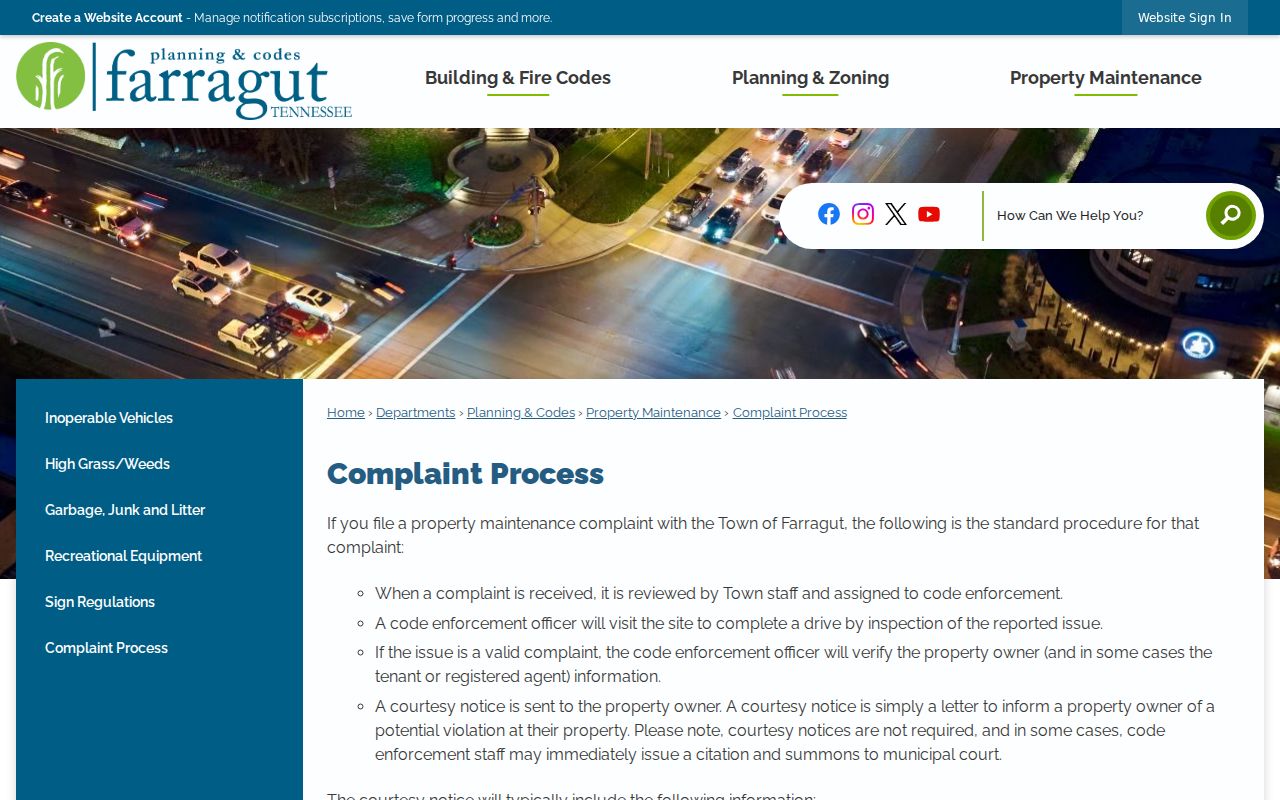 Town of Farragut code enforcement complaint and municipal court process