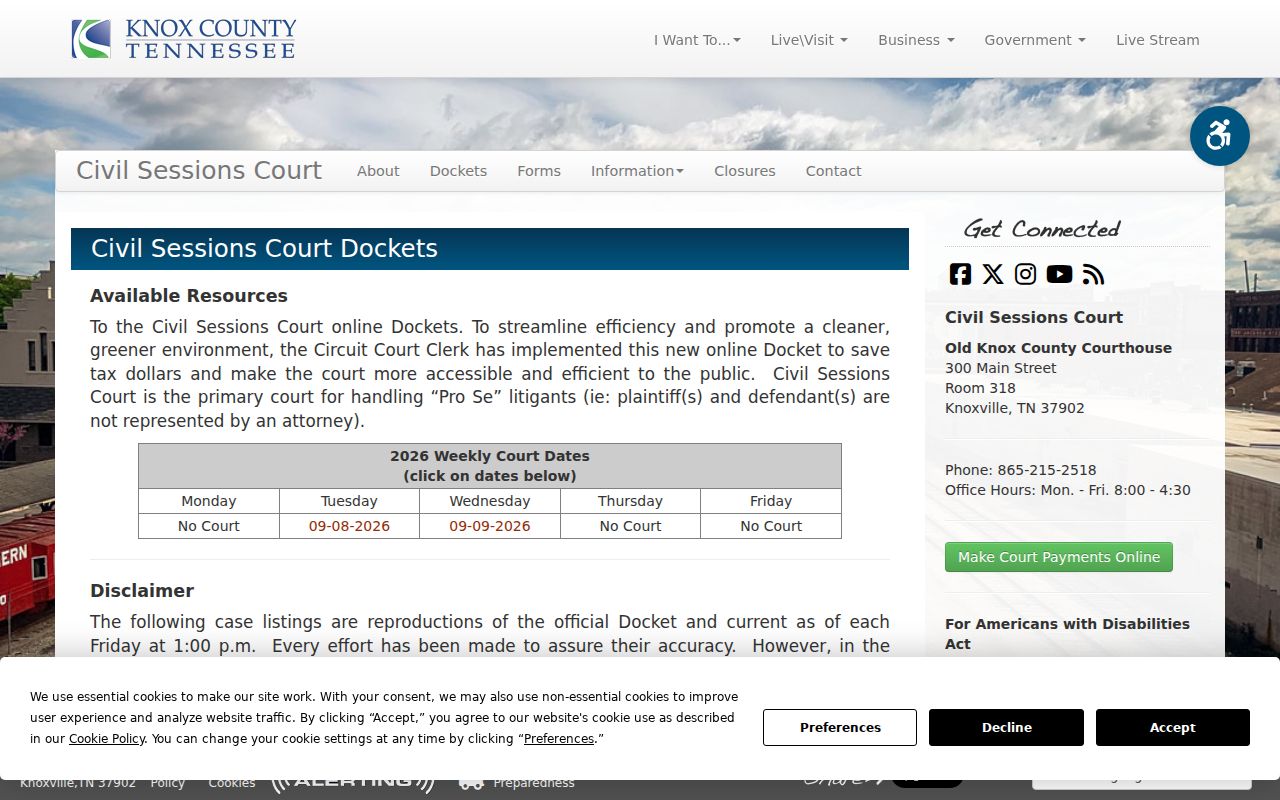 Knox County civil docket weekly Civil Sessions list