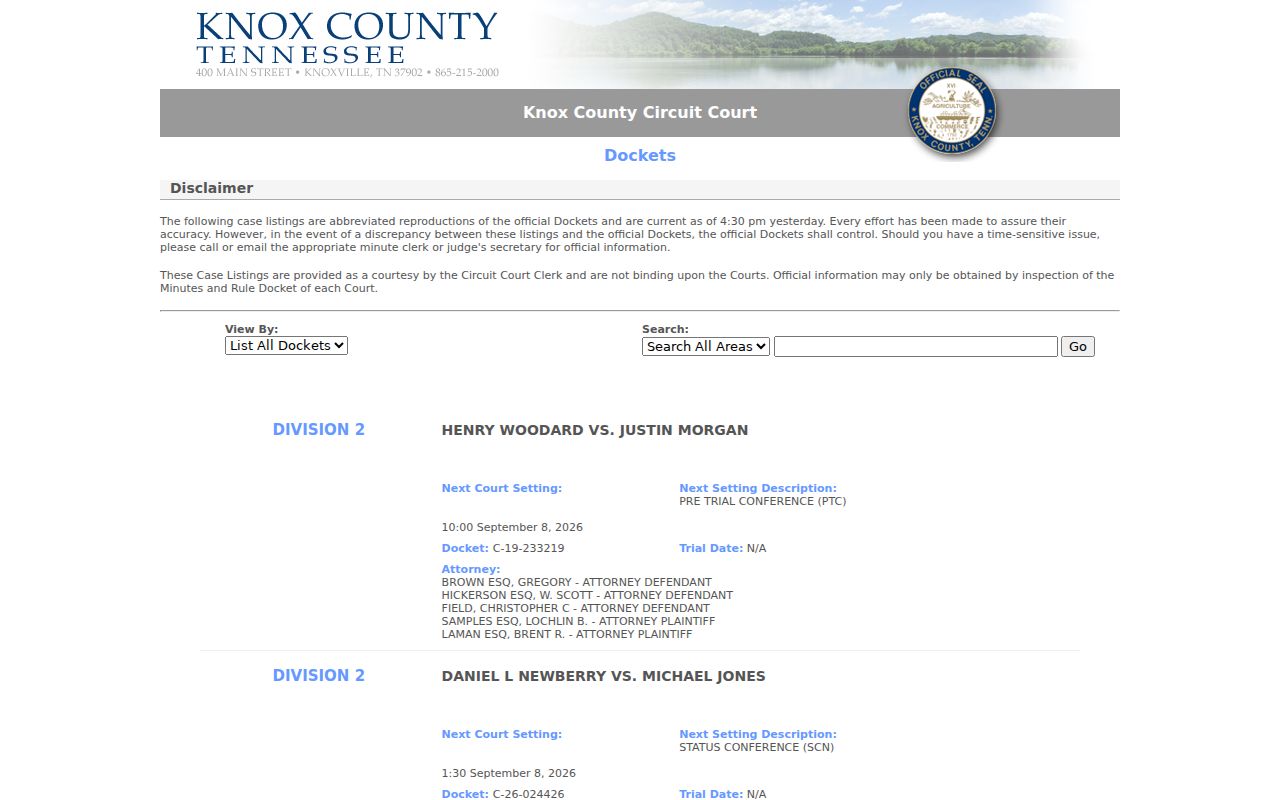 Knox County civil docket Circuit calendar fields