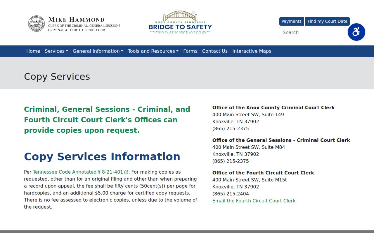 Knox County court docket copy and certification fees