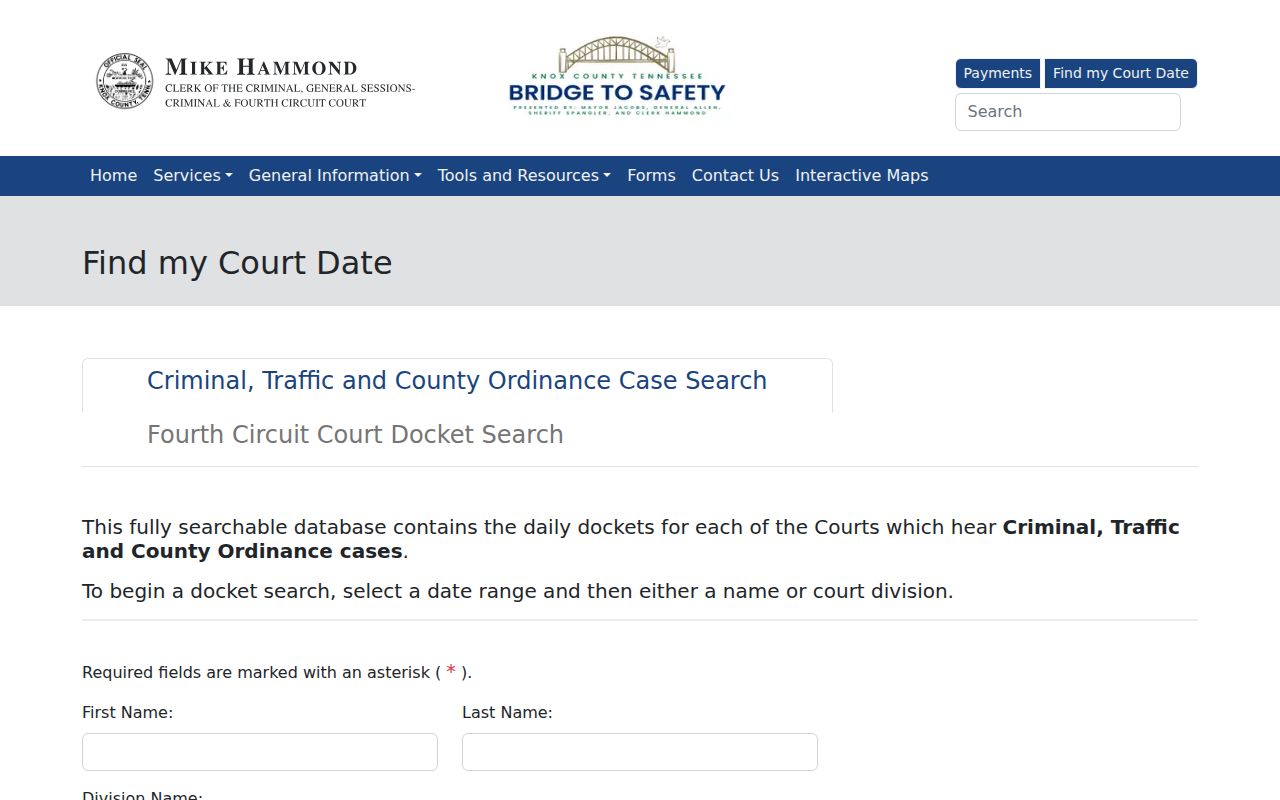 Knox County court docket daily search fields